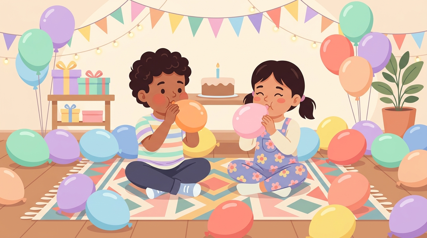 Karim et Yara qui gonflent des ballons pour la fête d'anniversaire